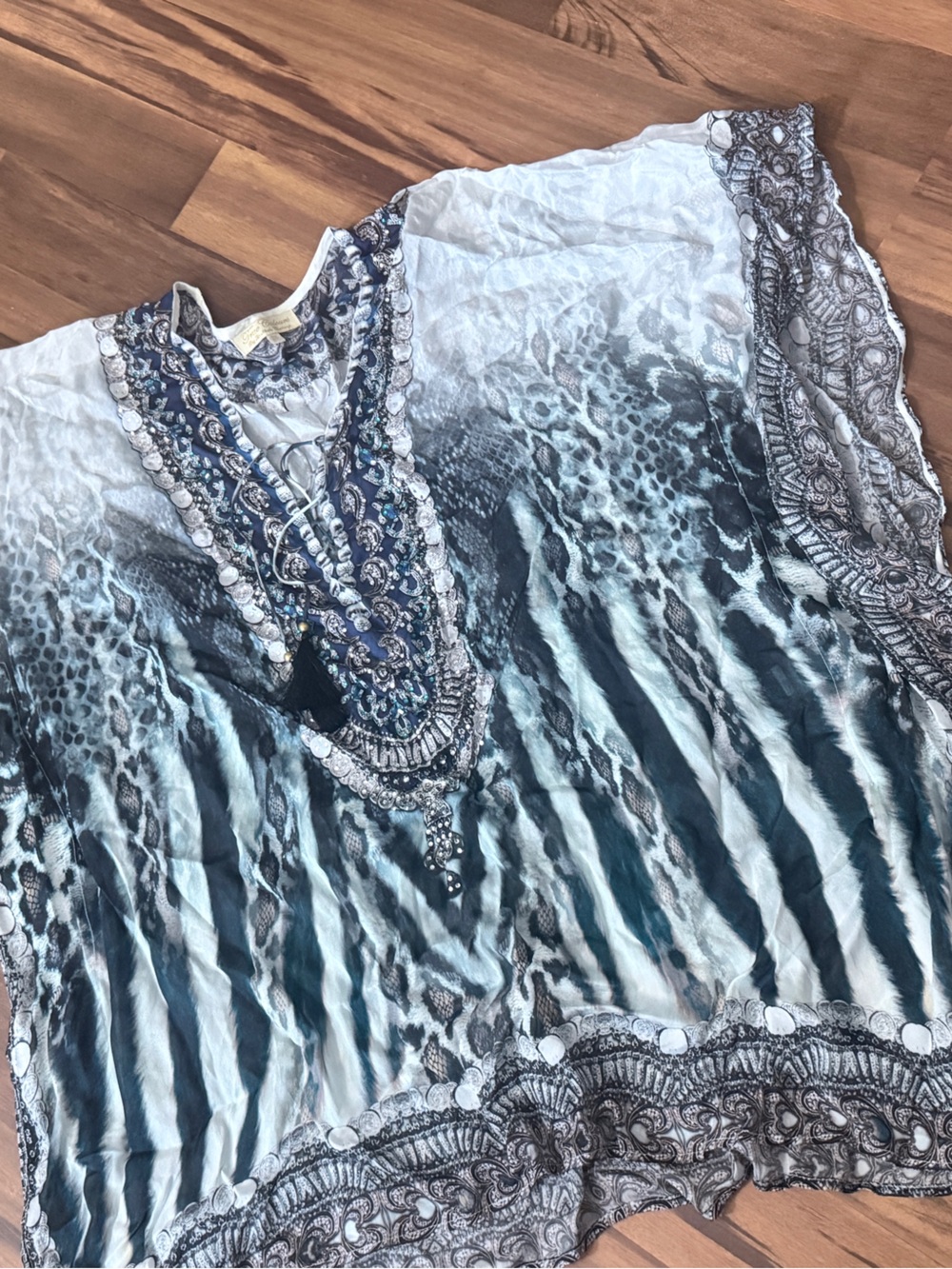Boho Printed V-Neck Tunic Top in Teal and Black